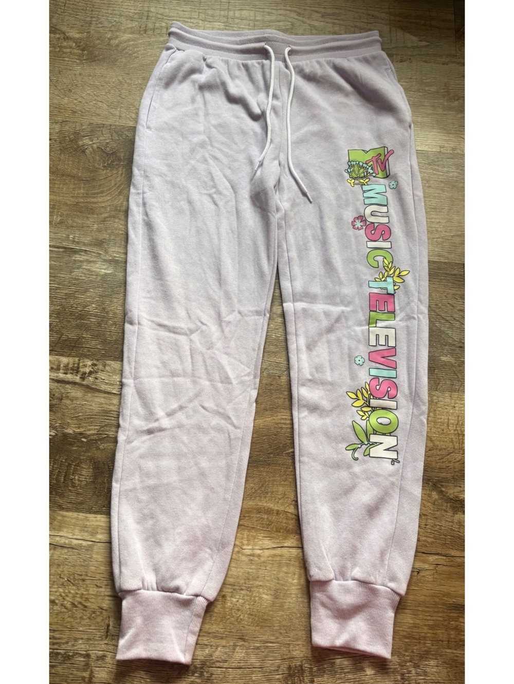 MTV Music Television Lavender Sweatpants Size Medium with Floral Logo Print